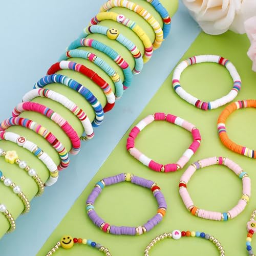 Sureio 24pcs Colorful Friendship Bracelets Set - Stretch Beaded Bracelets for Girls, Tweens, Party Favors