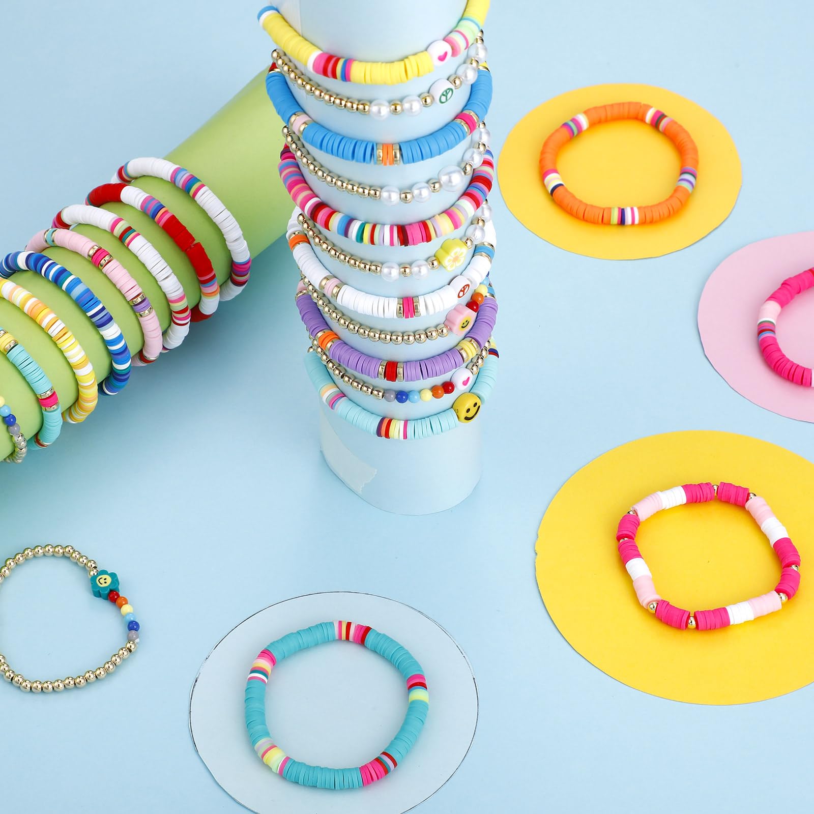 Sureio 24pcs Colorful Friendship Bracelets Set - Stretch Beaded Bracelets for Girls, Tweens, Party Favors