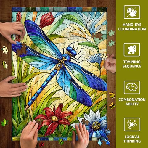 Sutinban 500 Piece Stained Glass Dragonfly Puzzle – Challenging Jigsaw for Adults with Colorful Flower Design