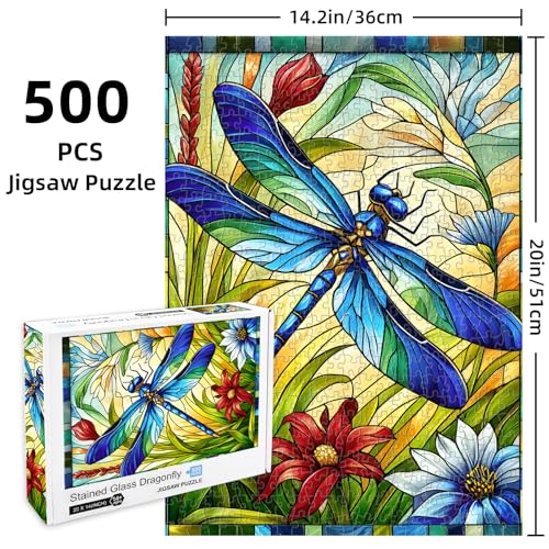 Sutinban 500 Piece Stained Glass Dragonfly Puzzle – Challenging Jigsaw for Adults with Colorful Flower Design