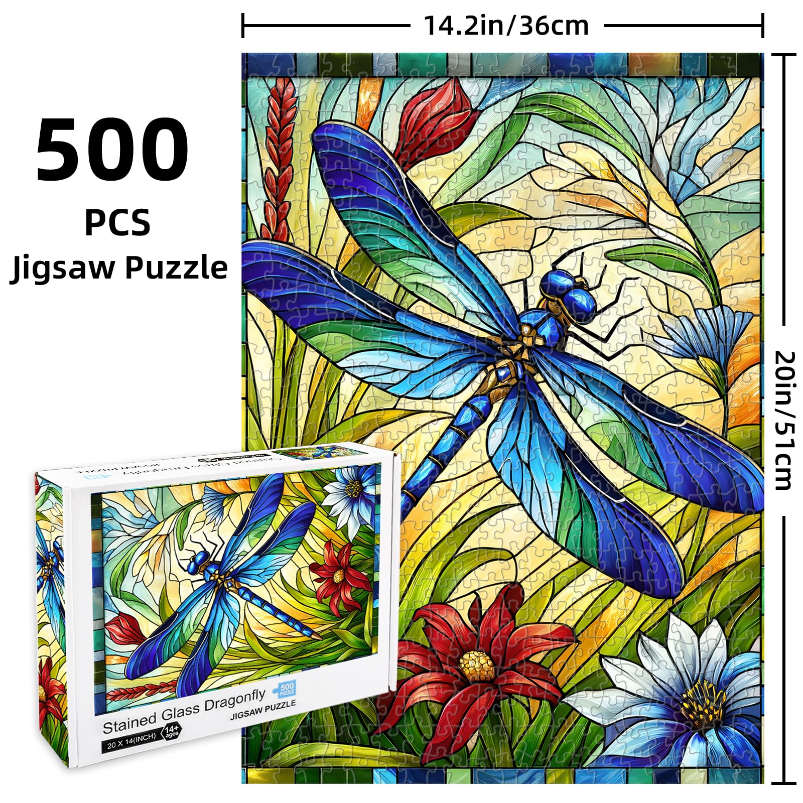 Sutinban 500 Piece Stained Glass Dragonfly Puzzle – Challenging Jigsaw for Adults with Colorful Flower Design