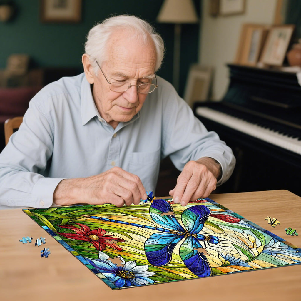 Sutinban 500 Piece Stained Glass Dragonfly Puzzle – Challenging Jigsaw for Adults with Colorful Flower Design