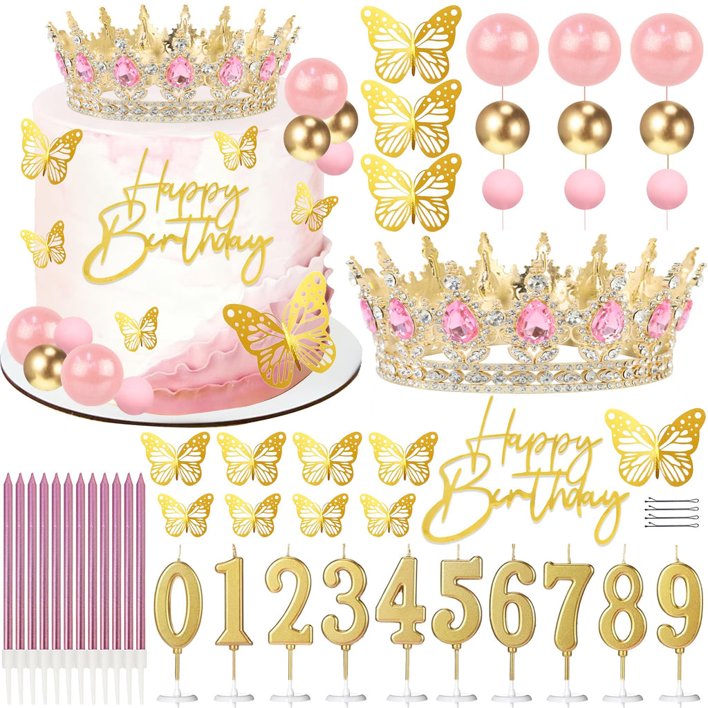 SUTROMA Crown Cake Topper Set – Golden Pink Tiara, Candles & Butterfly Decorations for Birthday or Wedding