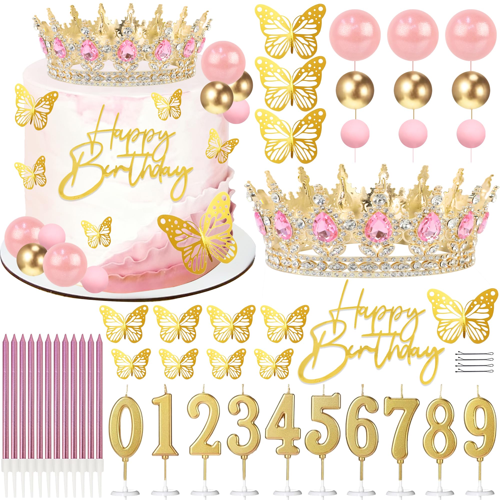 SUTROMA Crown Cake Topper Set – Golden Pink Tiara, Candles & Butterfly Decorations for Birthday or Wedding