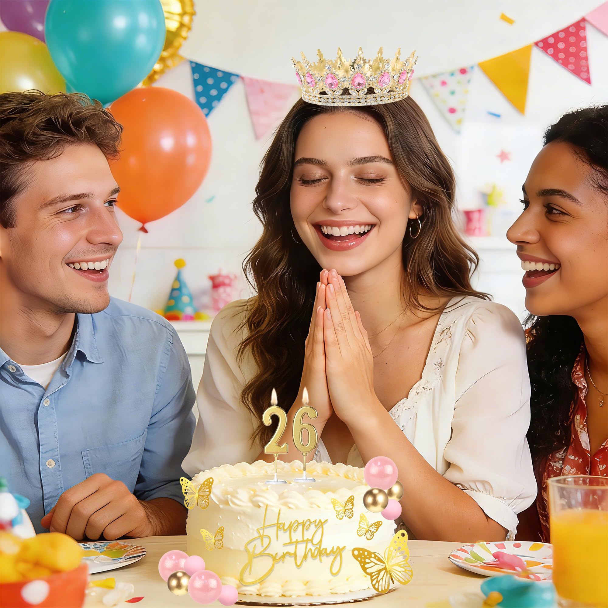 SUTROMA Crown Cake Topper Set – Golden Pink Tiara, Candles & Butterfly Decorations for Birthday or Wedding