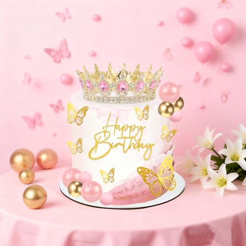 SUTROMA Crown Cake Topper Set – Golden Pink Tiara, Candles & Butterfly Decorations for Birthday or Wedding