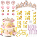 SUTROMA Princess Crown Cake Topper and Tiara Set - Includes 12 Gold Butterflies, Glitter Balls, Candles, and Happy Birthday Topper for Birthday or Wedding Cake Decor (Rose Gold White)