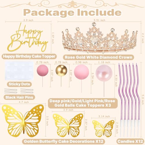 SUTROMA Princess Crown Cake Topper and Tiara Set - Includes 12 Gold Butterflies, Glitter Balls, Candles, and Happy Birthday Topper for Birthday or Wedding Cake Decor (Rose Gold White)