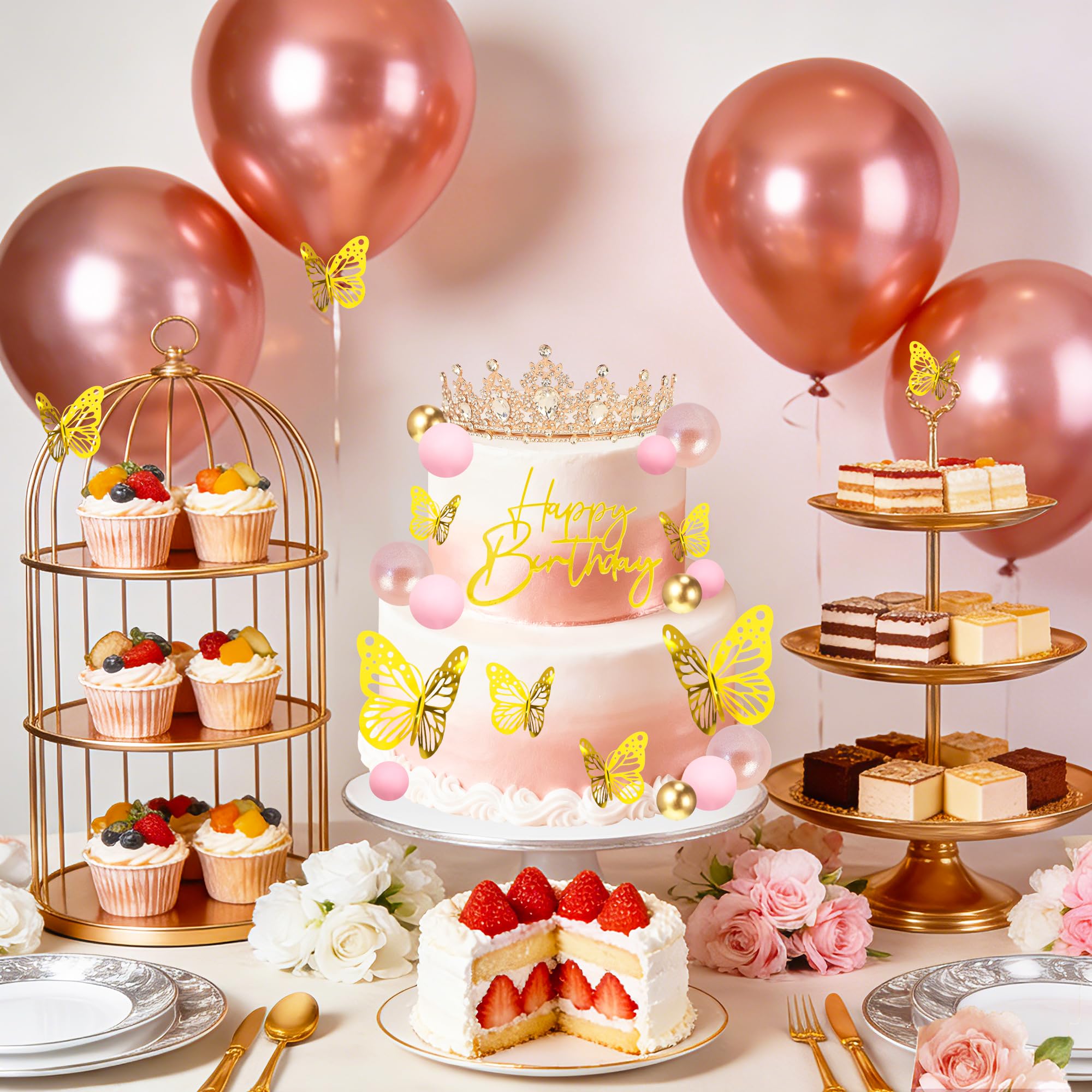 SUTROMA Princess Crown Cake Topper and Tiara Set - Includes 12 Gold Butterflies, Glitter Balls, Candles, and Happy Birthday Topper for Birthday or Wedding Cake Decor (Rose Gold White)