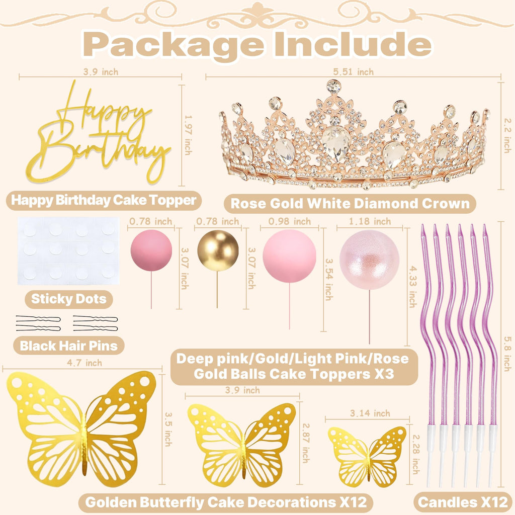 SUTROMA Princess Crown Cake Topper and Tiara Set - Includes 12 Gold Butterflies, Glitter Balls, Candles, and Happy Birthday Topper for Birthday or Wedding Cake Decor (Rose Gold White)