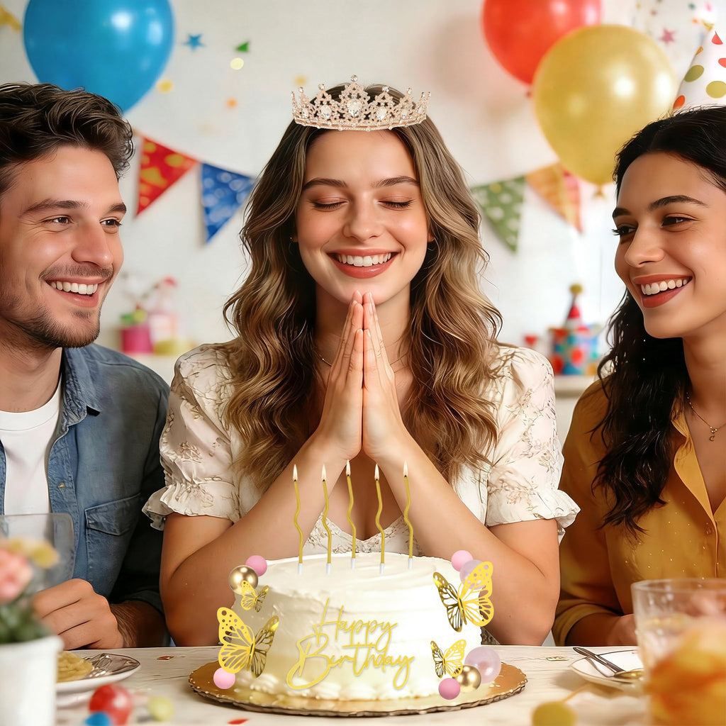 SUTROMA Princess Crown Cake Topper and Tiara Set - Includes 12 Gold Butterflies, Glitter Balls, Candles, and Happy Birthday Topper for Birthday or Wedding Cake Decor (Rose Gold White)