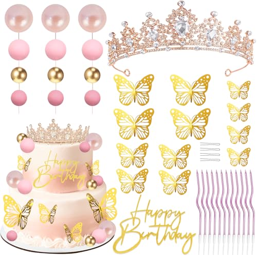 SUTROMA Princess Crown Cake Topper and Tiara Set - Includes 12 Gold Butterflies, Glitter Balls, Candles, and Happy Birthday Topper for Birthday or Wedding Cake Decor (Rose Gold White)