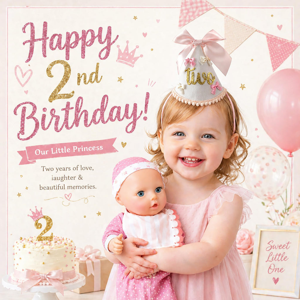 Suvast 2nd Birthday Hat for Baby Girl – Soft Pink Princess Style with Handcrafted Satin Bow & Gold 'Two' Patch