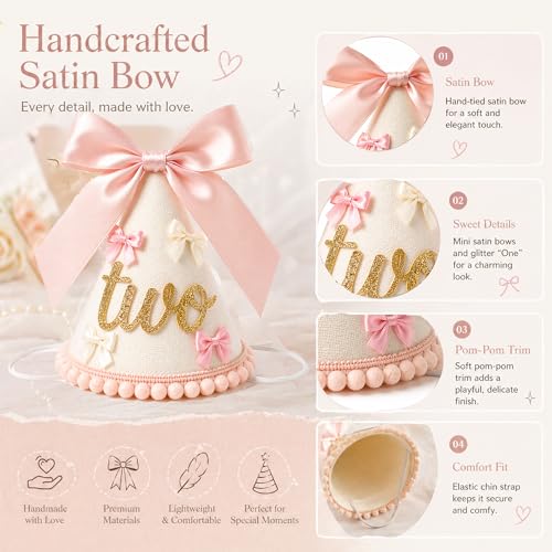 Suvast 2nd Birthday Hat for Baby Girl – Soft Pink Princess Style with Handcrafted Satin Bow & Gold 'Two' Patch