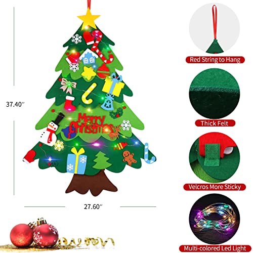Suweor Upo Felt Christmas Tree Set for Toddlers with LED Lights, 3.2ft Wall Hanging DIY Kit with 29 Ornaments