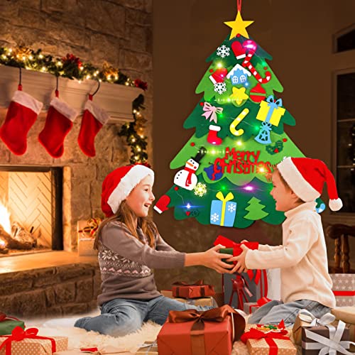 Suweor Upo Felt Christmas Tree Set for Toddlers with LED Lights, 3.2ft Wall Hanging DIY Kit with 29 Ornaments