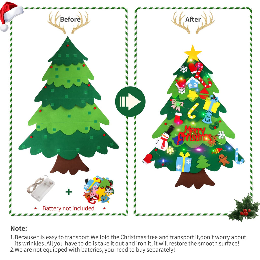 Suweor Upo Felt Christmas Tree Set for Toddlers with LED Lights, 3.2ft Wall Hanging DIY Kit with 29 Ornaments