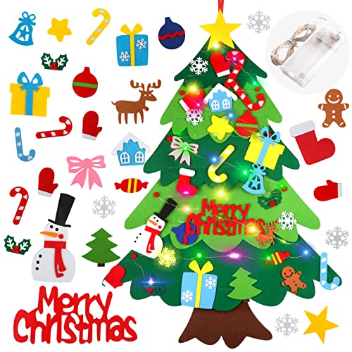 Suweor Upo Felt Christmas Tree Set for Toddlers with LED Lights, 3.2ft Wall Hanging DIY Kit with 29 Ornaments