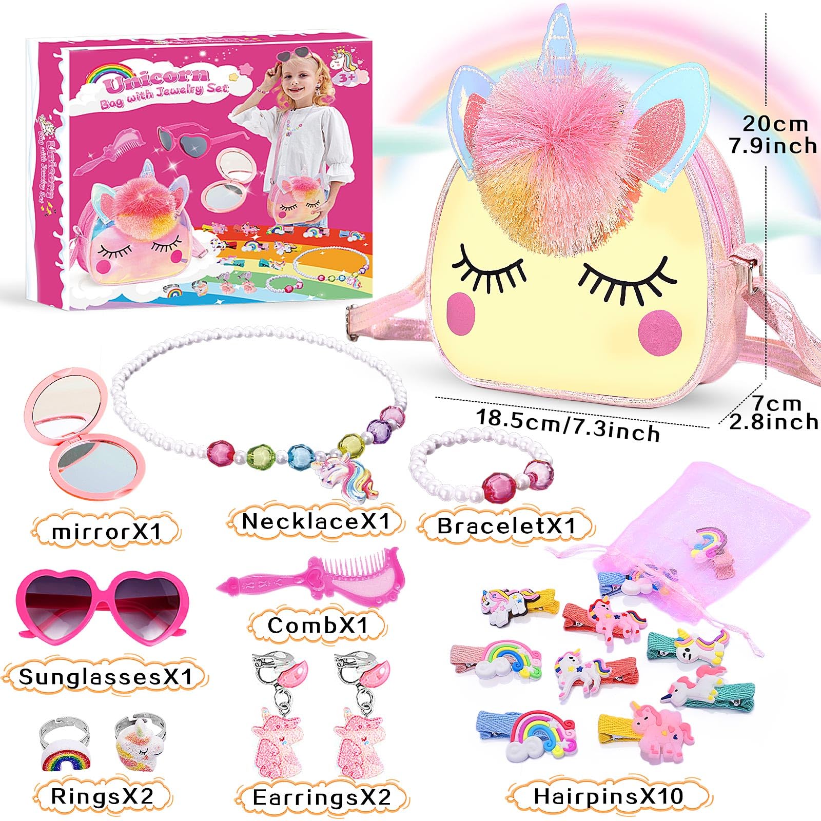 SUYUKI Unicorn Toys for Girls Ages 4-10 – 20 Piece Bag and Jewelry Set