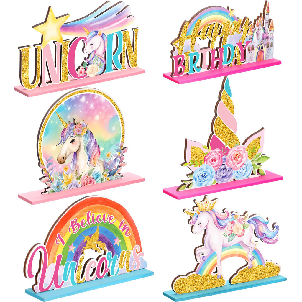 Suzile 6-Piece Unicorn Birthday Wooden Table Decorations - Pink Rainbow Party Photo Props for Girls