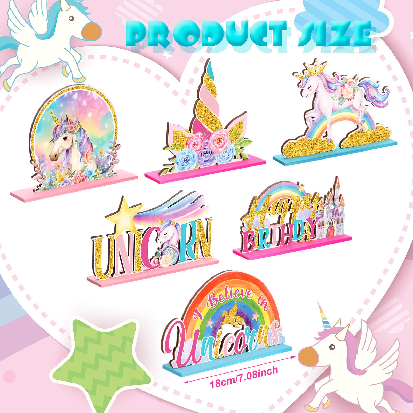 Suzile 6-Piece Unicorn Birthday Wooden Table Decorations - Pink Rainbow Party Photo Props for Girls