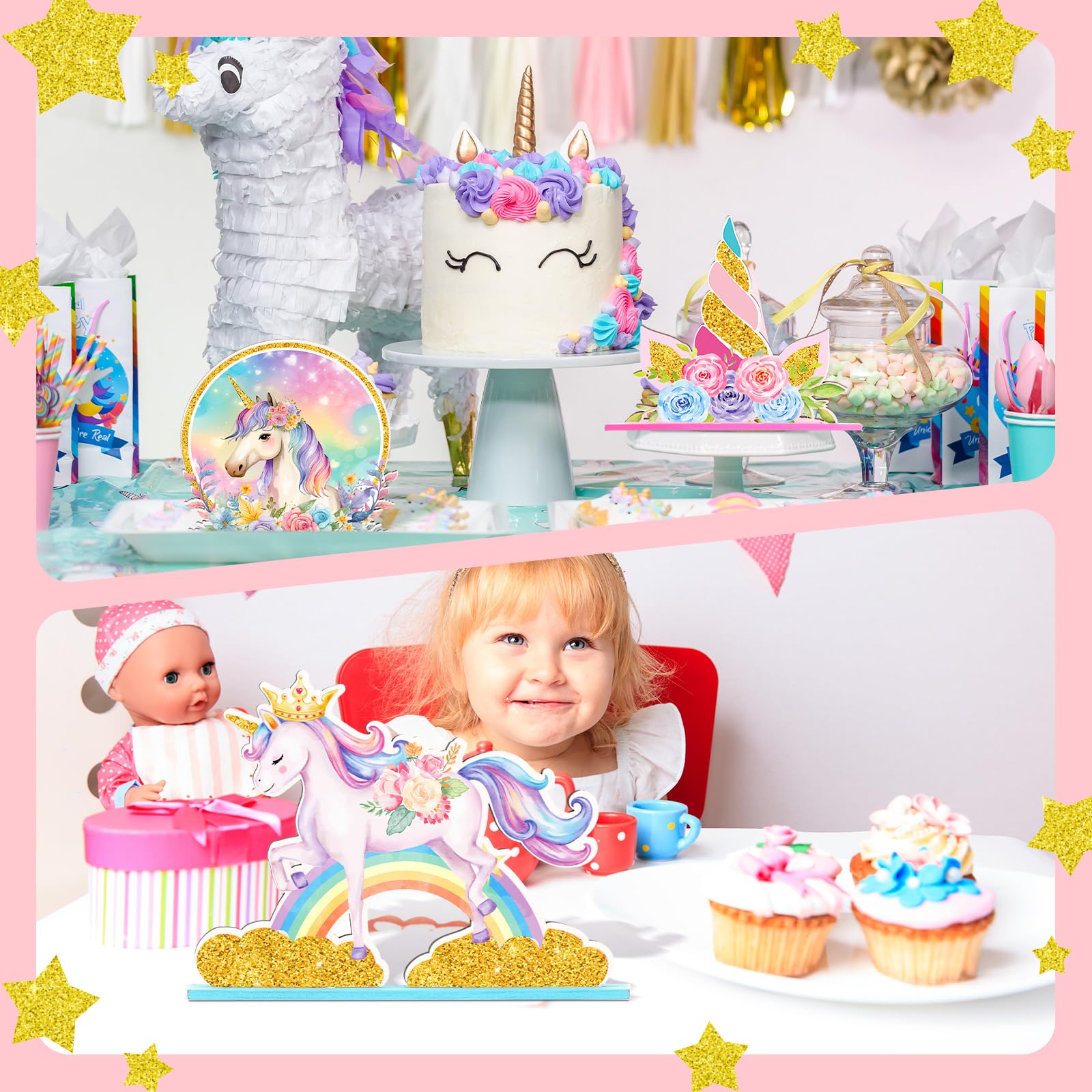 Suzile 6-Piece Unicorn Birthday Wooden Table Decorations - Pink Rainbow Party Photo Props for Girls