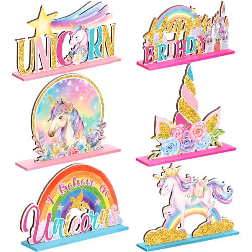 Suzile 6-Piece Unicorn Birthday Wooden Table Decorations - Pink Rainbow Party Photo Props for Girls