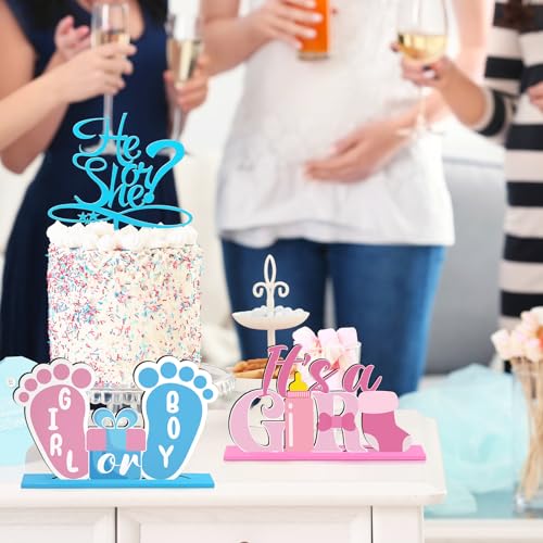 Suzile 6-Piece Wooden Baby Shower Centerpieces – Gender Reveal Table Decor in Blue & Pink for Unisex Parties