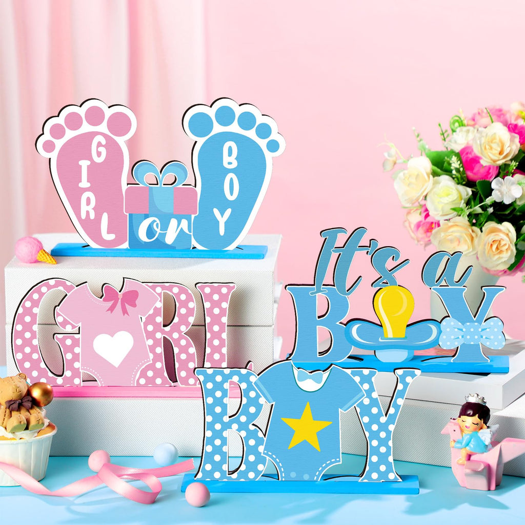 Suzile 6-Piece Wooden Baby Shower Centerpieces – Gender Reveal Table Decor in Blue & Pink for Unisex Parties