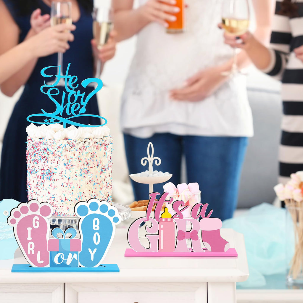 Suzile 6-Piece Wooden Baby Shower Centerpieces – Gender Reveal Table Decor in Blue & Pink for Unisex Parties