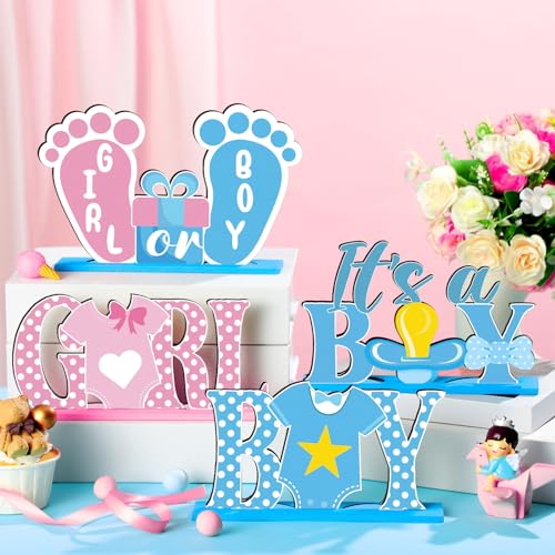Suzile 6-Piece Wooden Baby Shower Centerpieces – Gender Reveal Table Decor in Blue & Pink for Unisex Parties