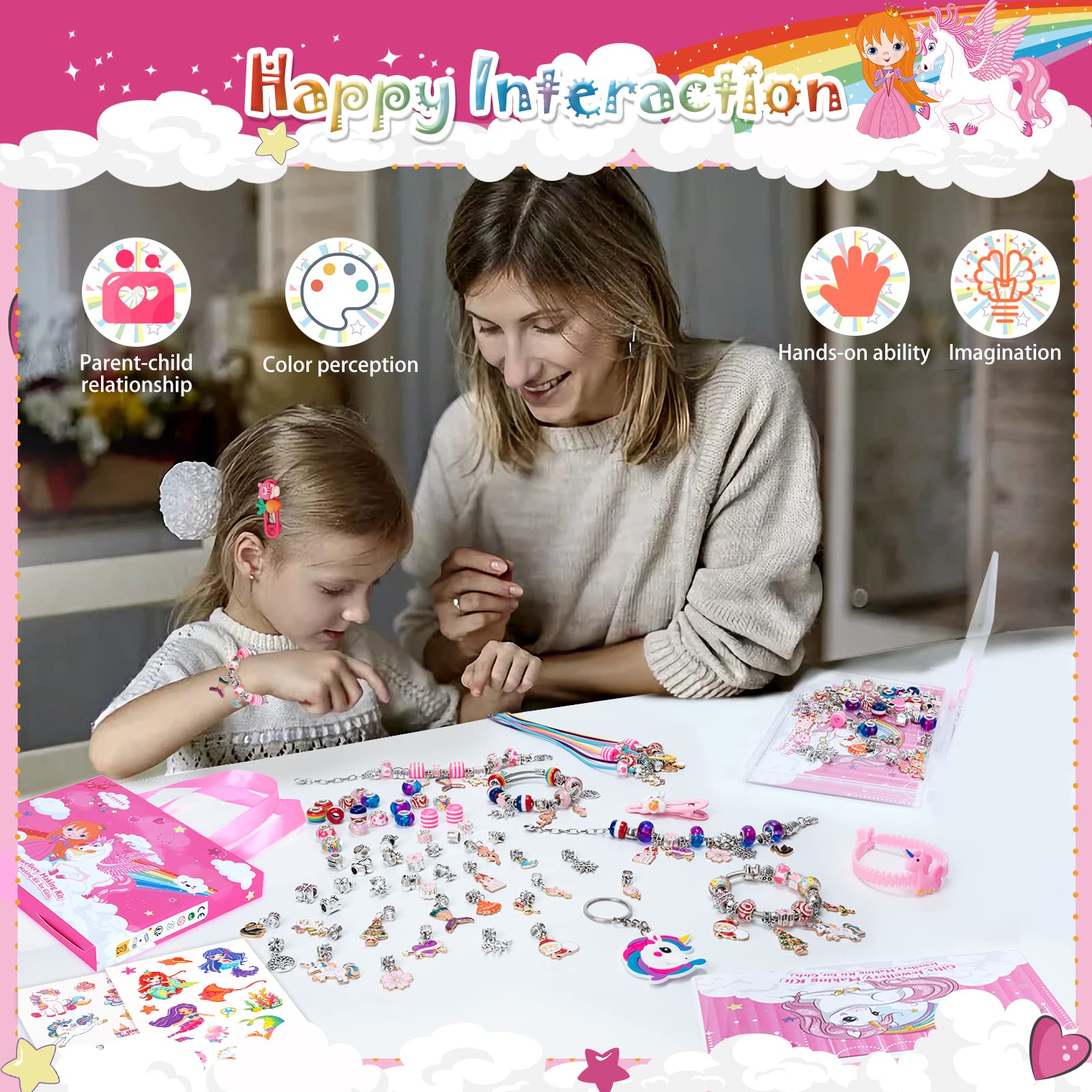 SUZUTOY Bracelet Making Kit for Girls Ages 4-12 - Unicorn Jewelry Craft Set with 18 Beads, 18 Pendants, Adjustable Bracelets, and More