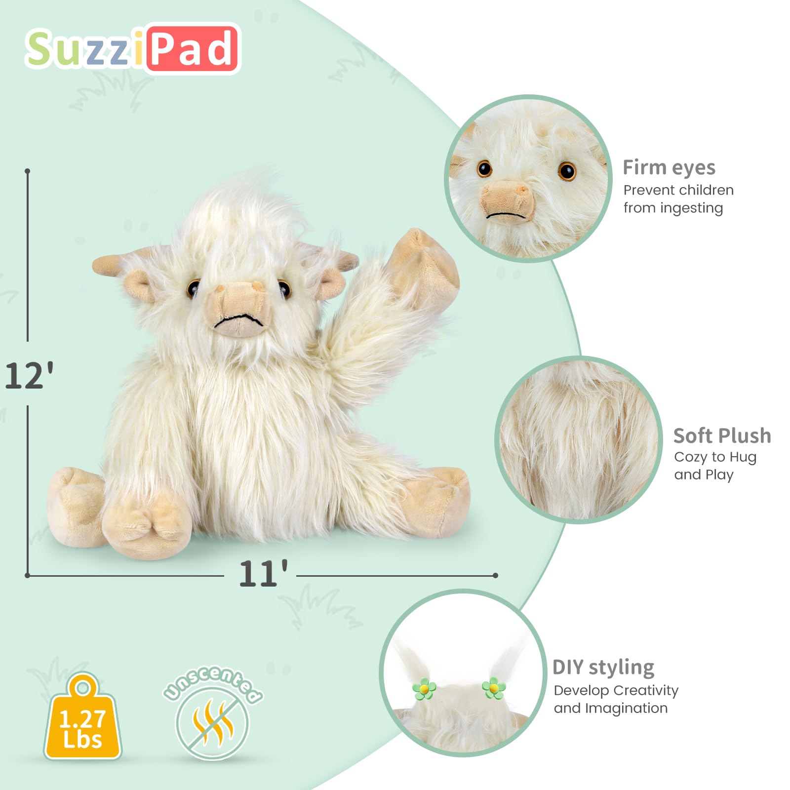 SUZZIPAD White Highland Cow Stuffed Animal – Microwavable Plush Toy for Heat & Cold Therapy