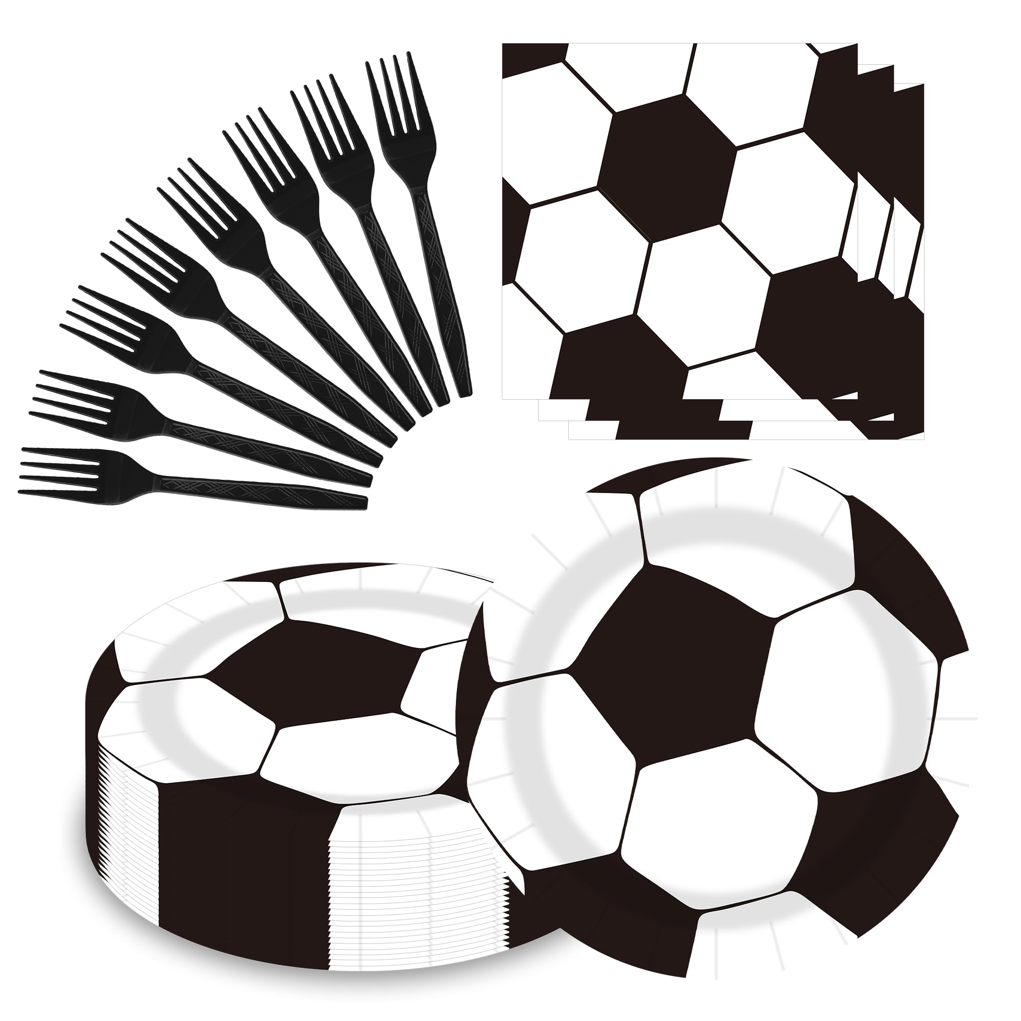 Sveikie 60-Piece Black & White Soccer Party Set – 20 Plates, Napkins & Plastic Forks for 20 Guests