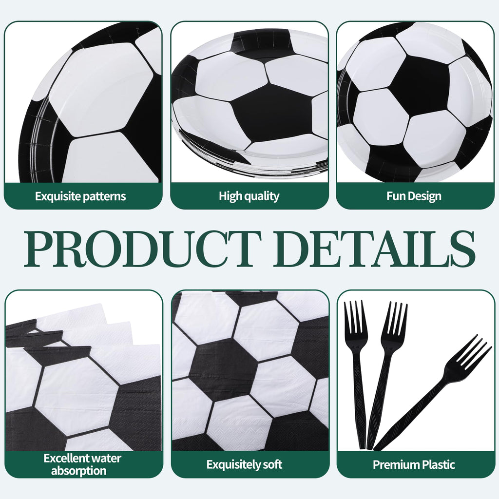 Sveikie 60-Piece Black & White Soccer Party Set – 20 Plates, Napkins & Plastic Forks for 20 Guests