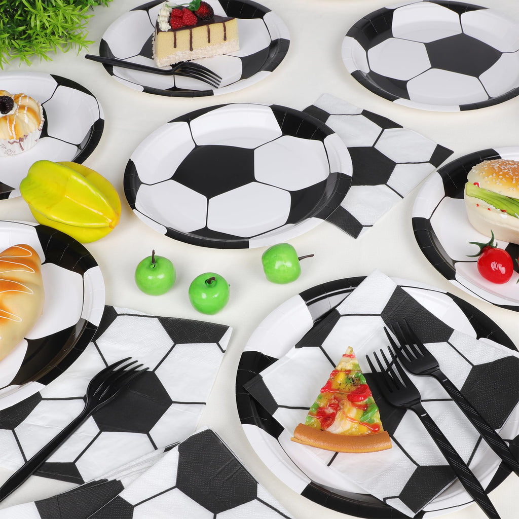 Sveikie 60-Piece Black & White Soccer Party Set – 20 Plates, Napkins & Plastic Forks for 20 Guests