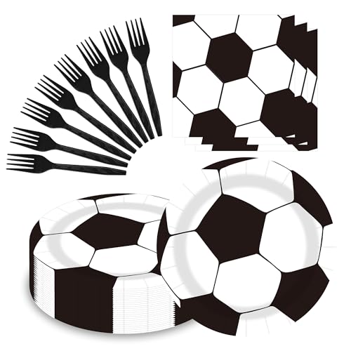 Sveikie 60-Piece Black & White Soccer Party Set – 20 Plates, Napkins & Plastic Forks for 20 Guests