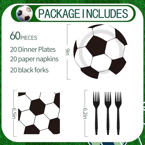 Sveikie 60-Piece Black & White Soccer Party Set – 20 Plates, Napkins & Plastic Forks for 20 Guests