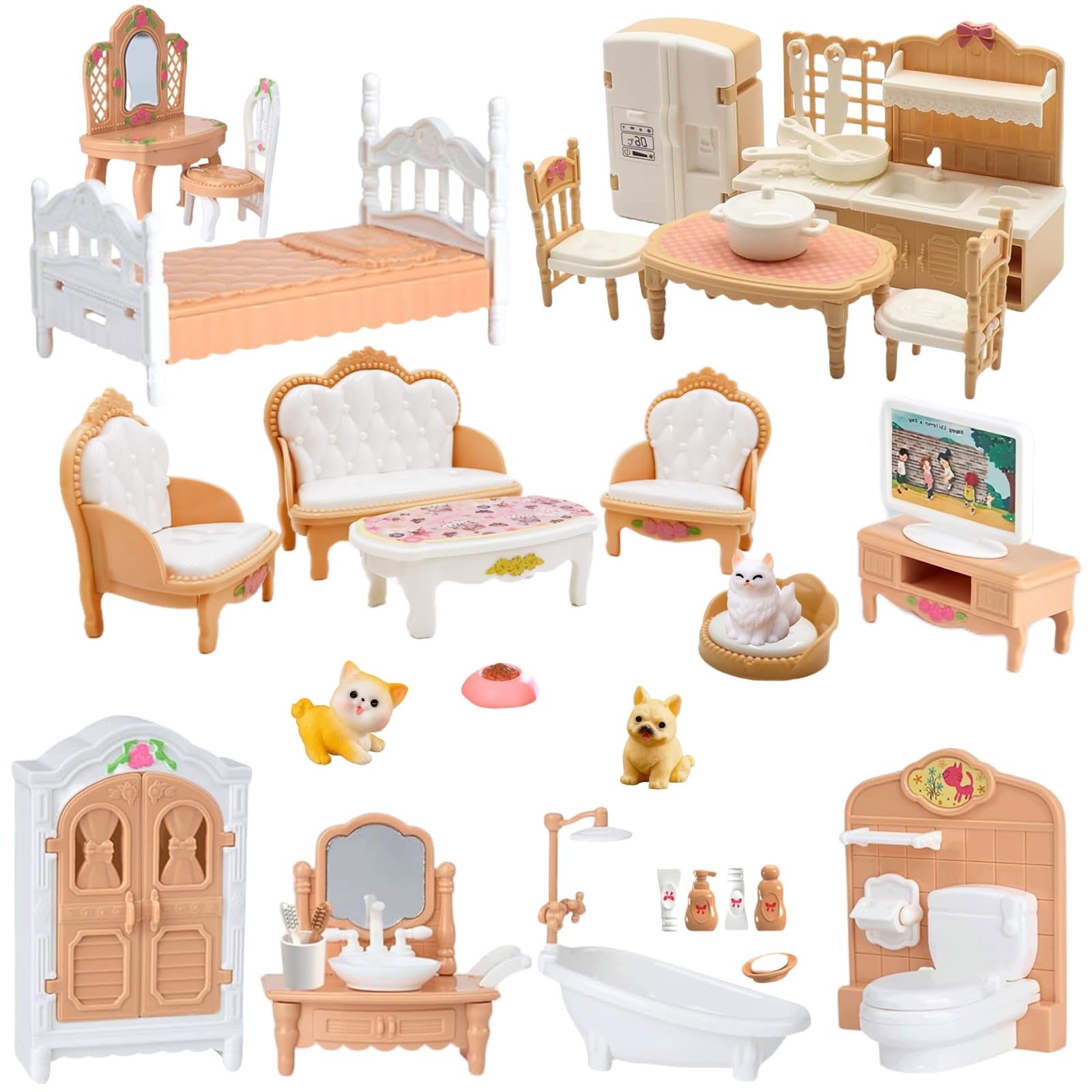 SwankyStyle 36-Piece Dollhouse Furniture Set – 1:12 Scale Miniature for 4 Rooms with Cat & Dog, Beige