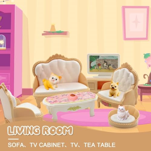 SwankyStyle 36-Piece Dollhouse Furniture Set – 1:12 Scale Miniature for 4 Rooms with Cat & Dog, Beige
