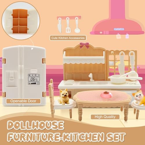 SwankyStyle 36-Piece Dollhouse Furniture Set – 1:12 Scale Miniature for 4 Rooms with Cat & Dog, Beige
