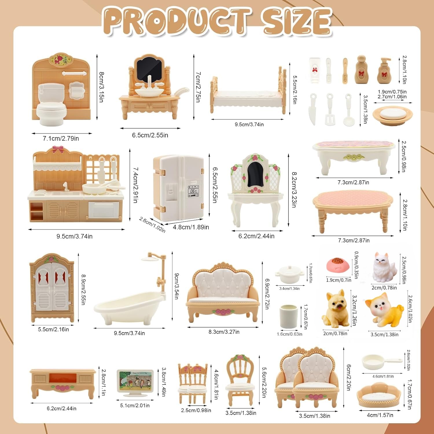 SwankyStyle 36-Piece Dollhouse Furniture Set – 1:12 Scale Miniature for 4 Rooms with Cat & Dog, Beige