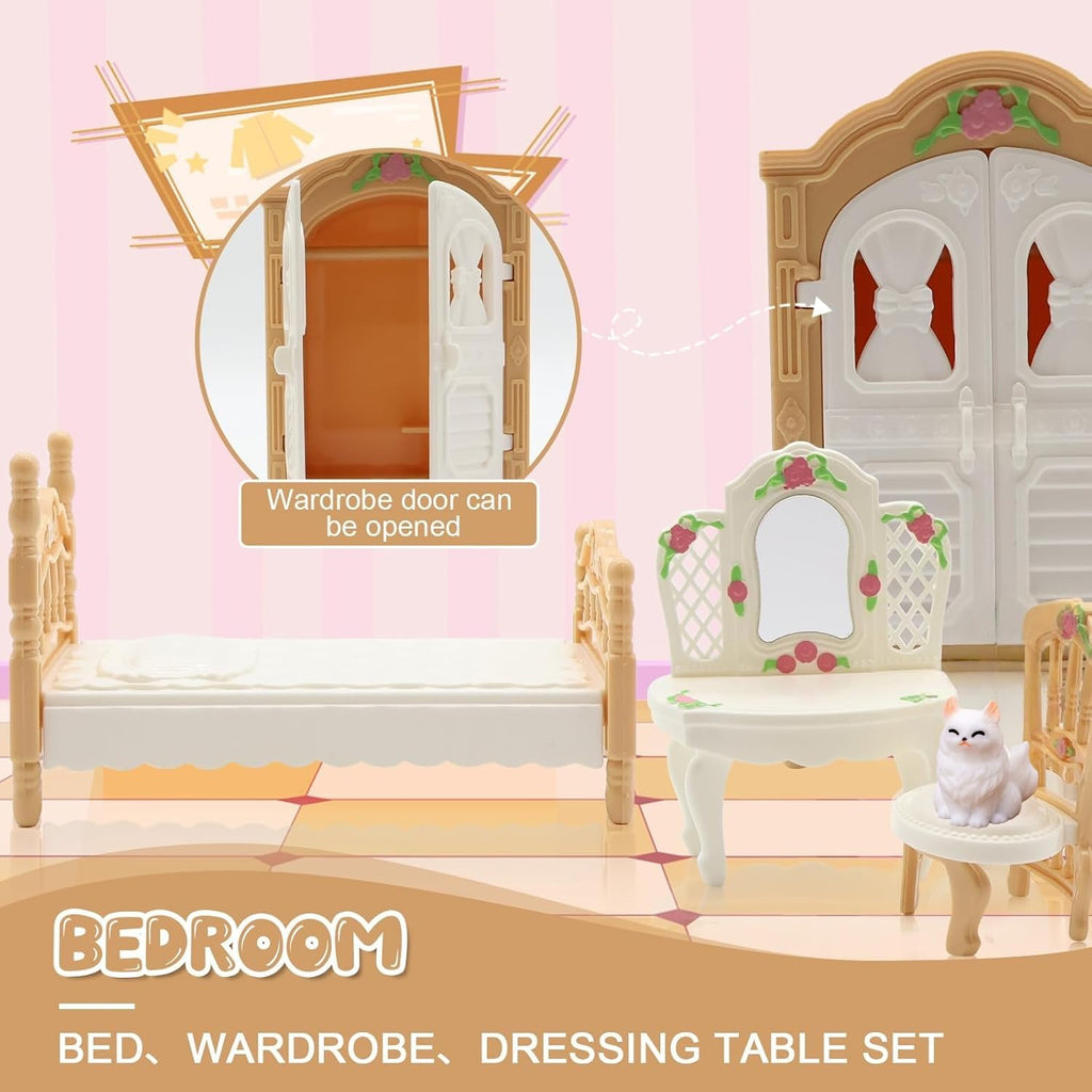 SwankyStyle 36-Piece Dollhouse Furniture Set – 1:12 Scale Miniature for 4 Rooms with Cat & Dog, Beige
