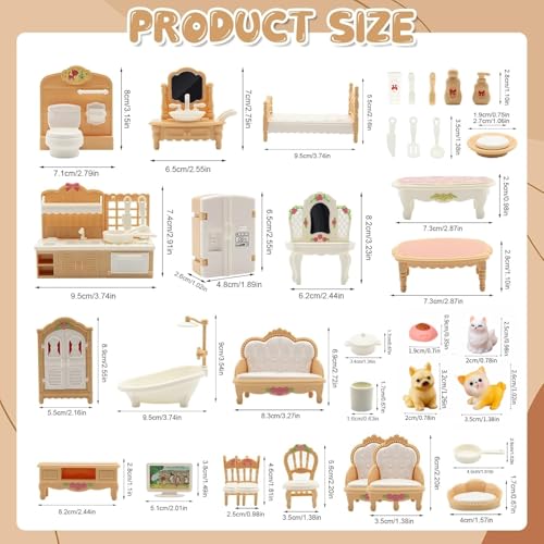 SwankyStyle 36-Piece Dollhouse Furniture Set – 1:12 Scale Miniature for 4 Rooms with Cat & Dog, Beige