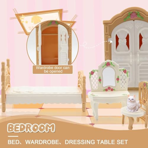 SwankyStyle 36-Piece Dollhouse Furniture Set – 1:12 Scale Miniature for 4 Rooms with Cat & Dog, Beige