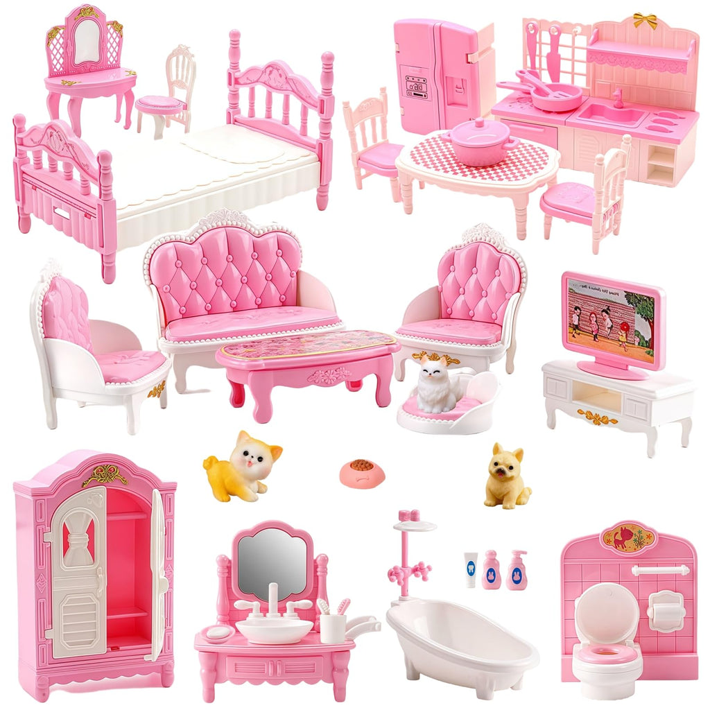 SwankyStyle 36-Piece Pink Dollhouse Furniture Set – 1:12 Scale Miniatures for Kitchen, Bathroom, Living Room, Bedroom