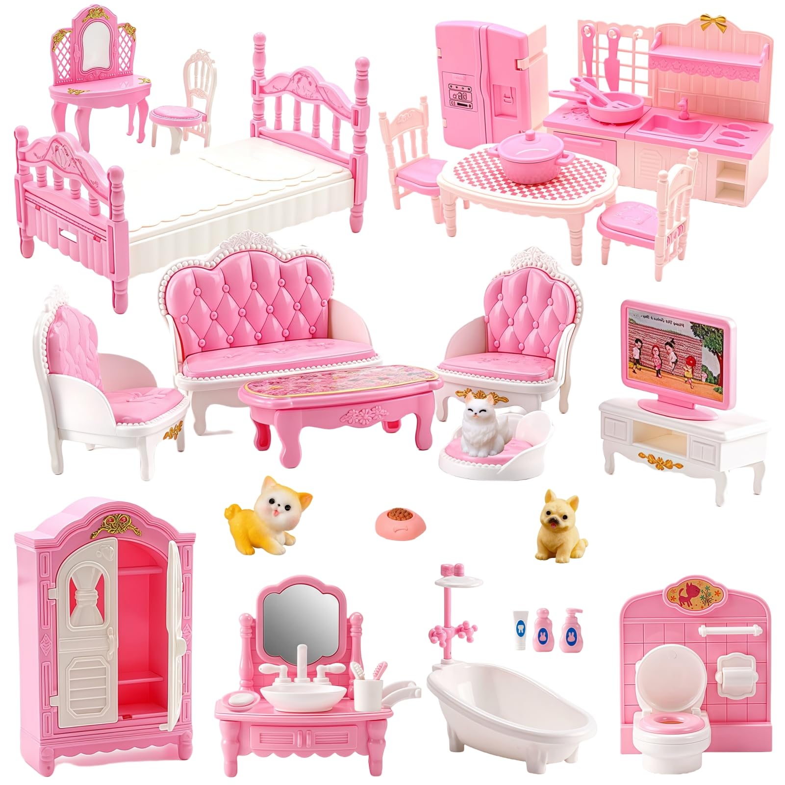 SwankyStyle 36-Piece Pink Dollhouse Furniture Set – 1:12 Scale Miniatures for Kitchen, Bathroom, Living Room, Bedroom