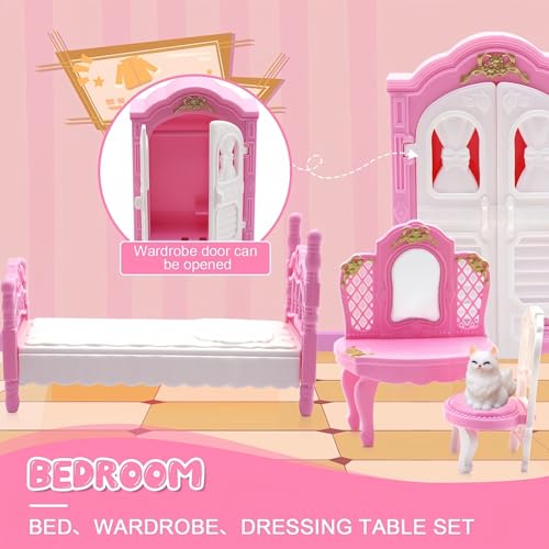 SwankyStyle 36-Piece Pink Dollhouse Furniture Set – 1:12 Scale Miniatures for Kitchen, Bathroom, Living Room, Bedroom