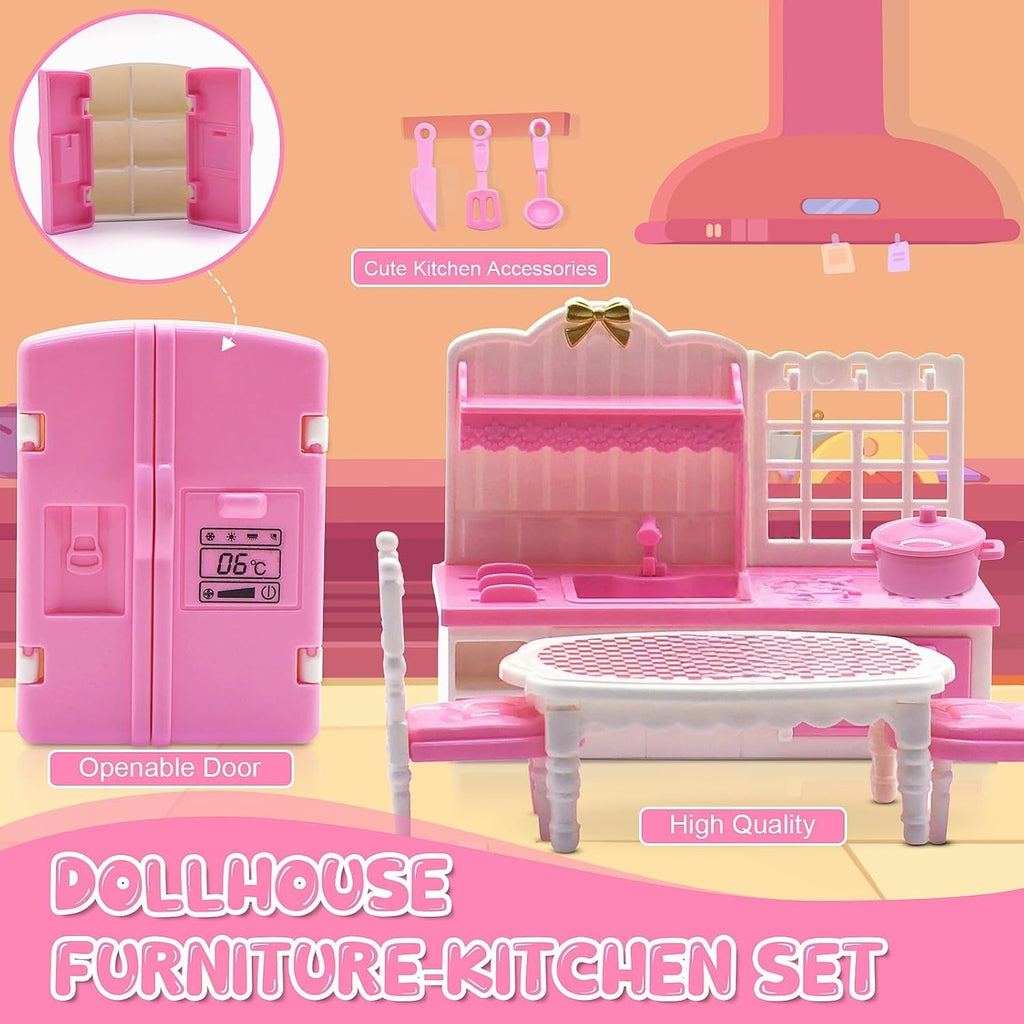 SwankyStyle 36-Piece Pink Dollhouse Furniture Set – 1:12 Scale Miniatures for Kitchen, Bathroom, Living Room, Bedroom