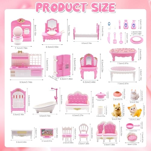 SwankyStyle 36-Piece Pink Dollhouse Furniture Set – 1:12 Scale Miniatures for Kitchen, Bathroom, Living Room, Bedroom